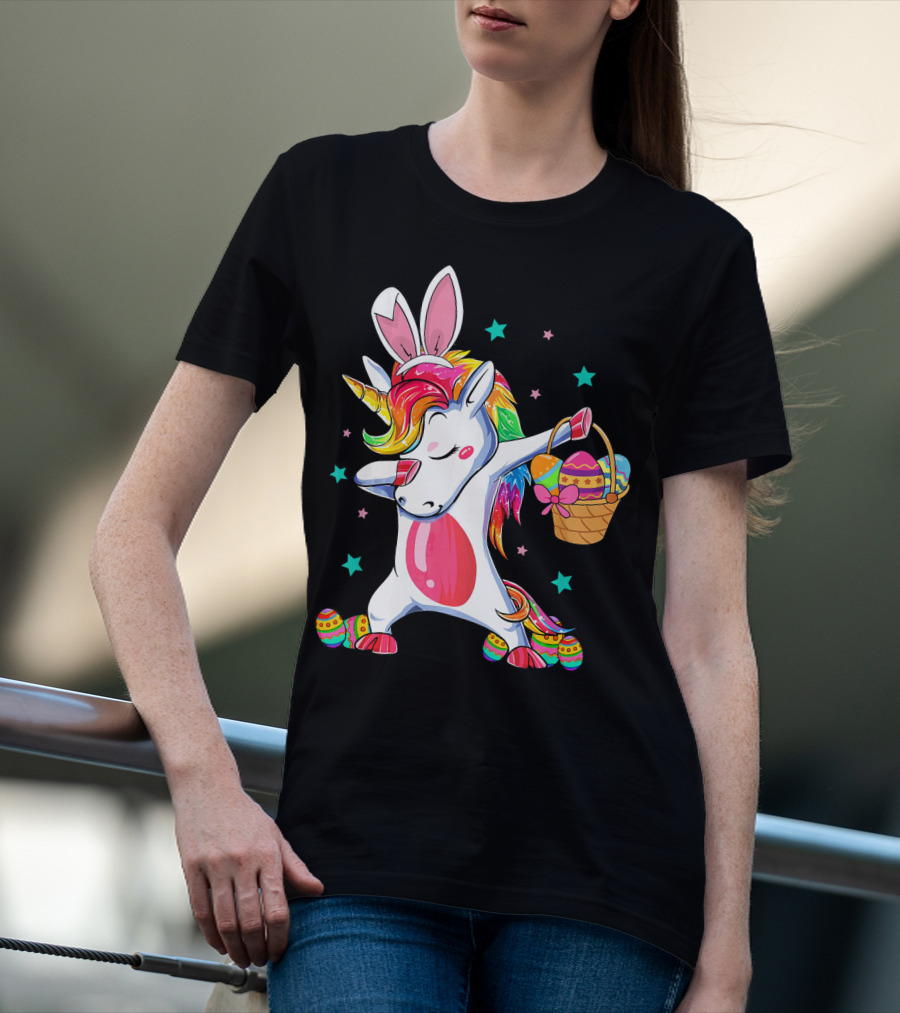 Dabbing Bunny Unicorn With Easter Basket And Eggs Funny Easter Day T-Shirt