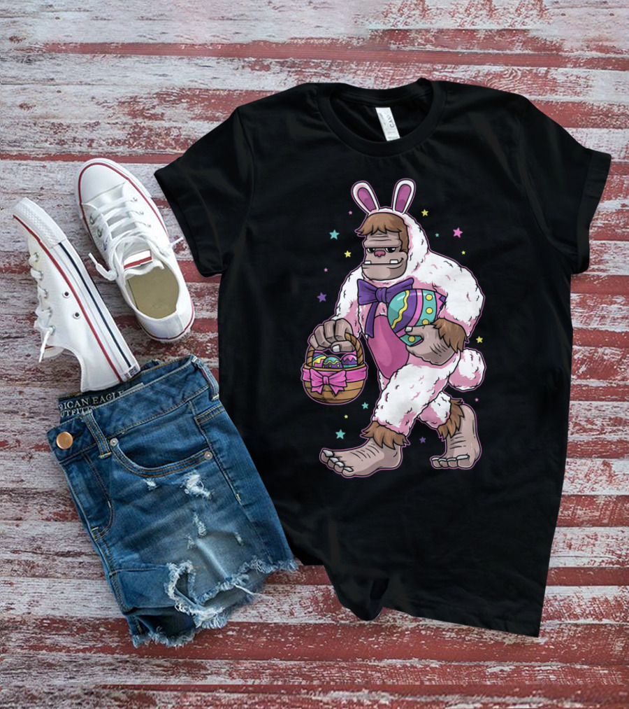 Kids Easter Bunny Bigfoot Sasquatch Basket Eggs Stars T-Shirt