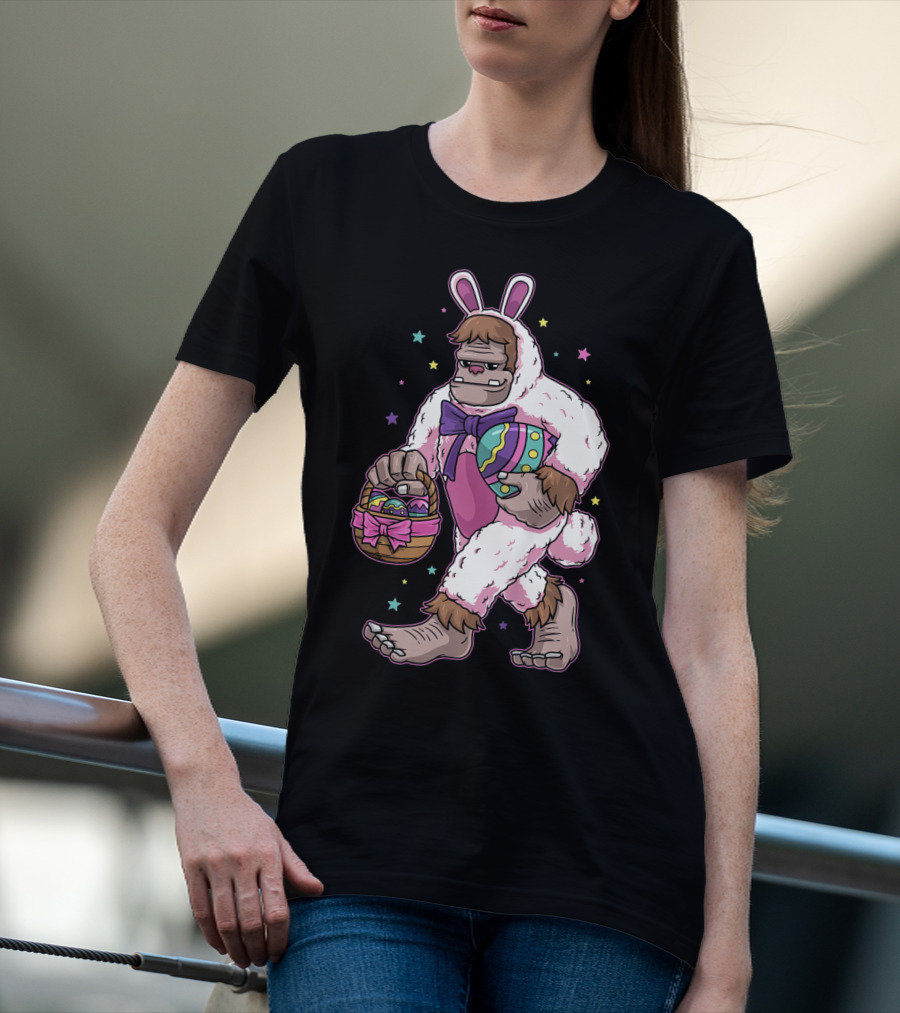 Kids Easter Bunny Bigfoot Sasquatch Basket Eggs Stars T-Shirt