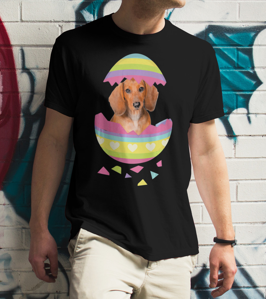 Dachshund In Colorful Easter Egg With Heart Stripes T-Shirt