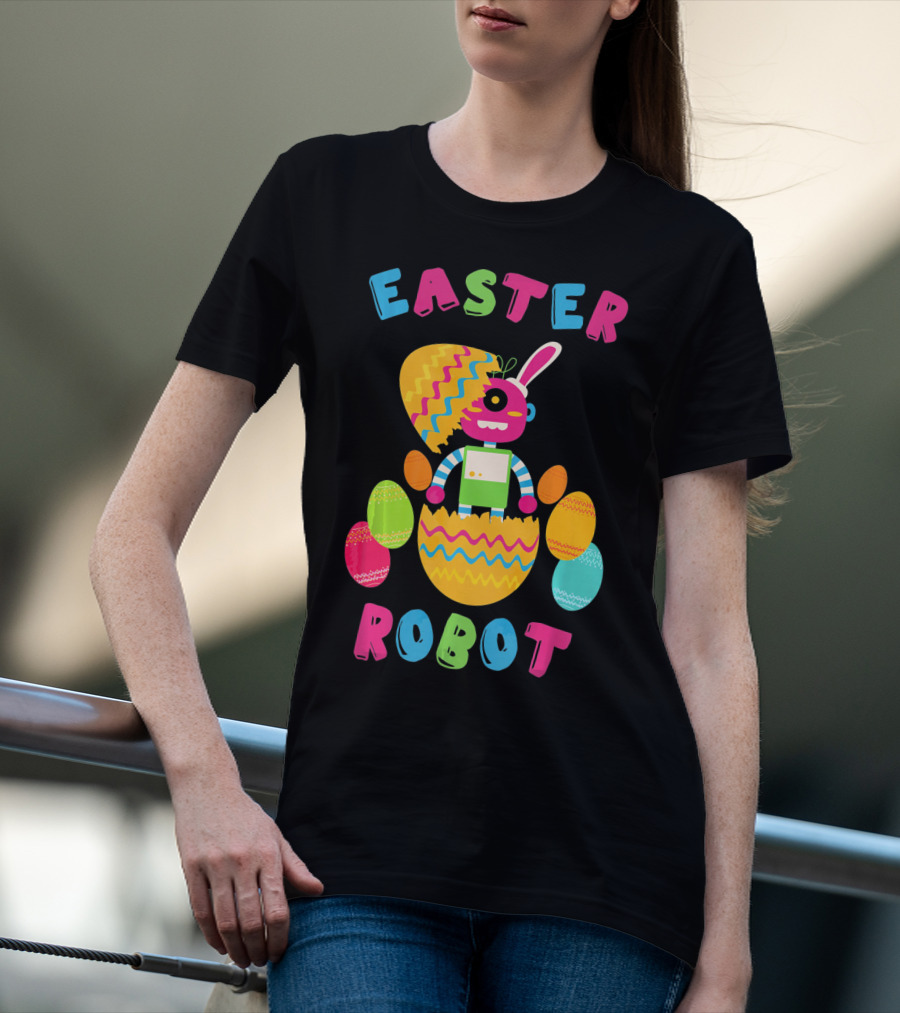 Easter Robot Bunny With Colorful Eggs T-Shirt