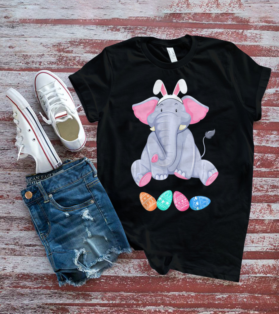 Funny Easter Elephant With Bunny Ears And Colorful Patterned Eggs T-Shirt