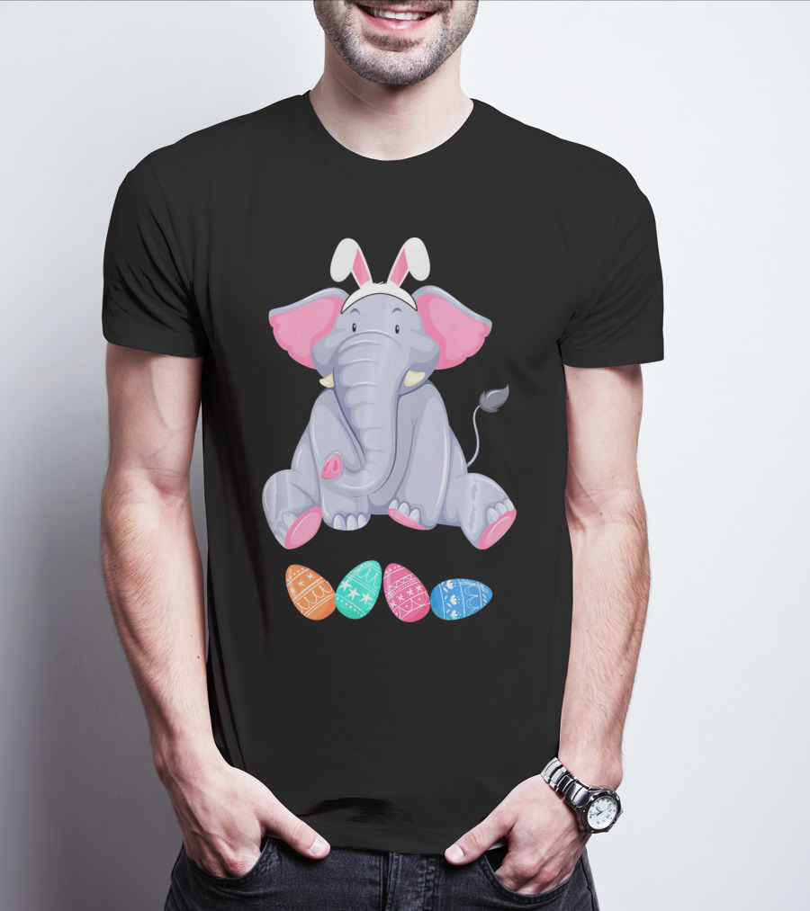 Funny Easter Elephant With Bunny Ears And Colorful Patterned Eggs T-Shirt