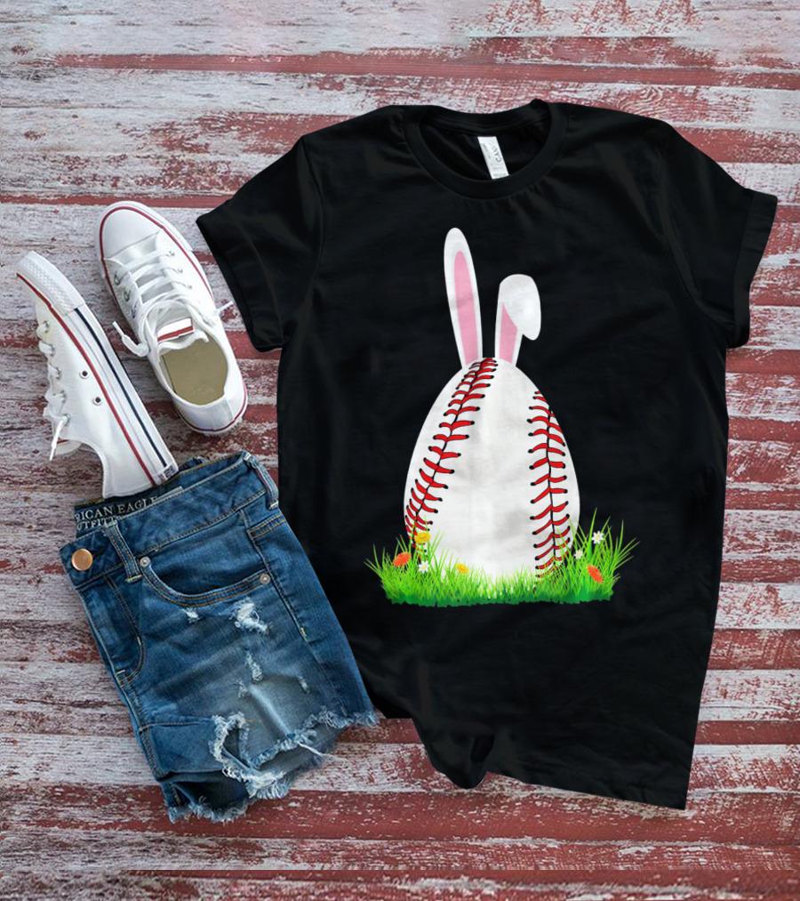 Cute Easter Bunny Baseball Egg With Ears On Grass T-Shirt