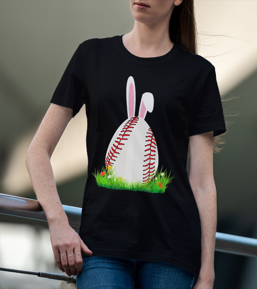 Cute Easter Bunny Baseball Egg With Ears On Grass T-Shirt