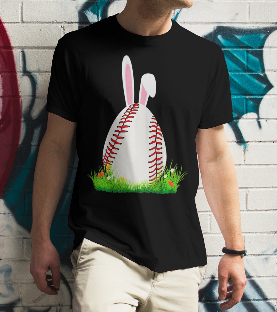 Cute Easter Bunny Baseball Egg With Ears On Grass T-Shirt