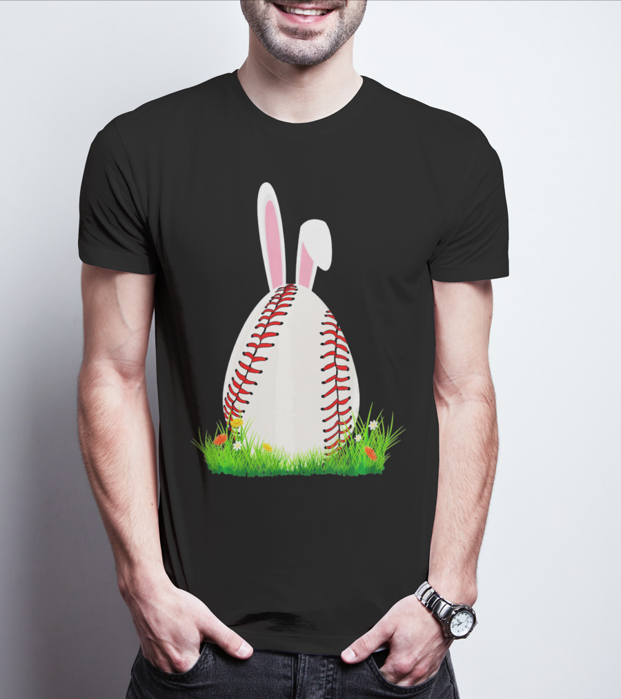 Cute Easter Bunny Baseball Egg With Ears On Grass T-Shirt