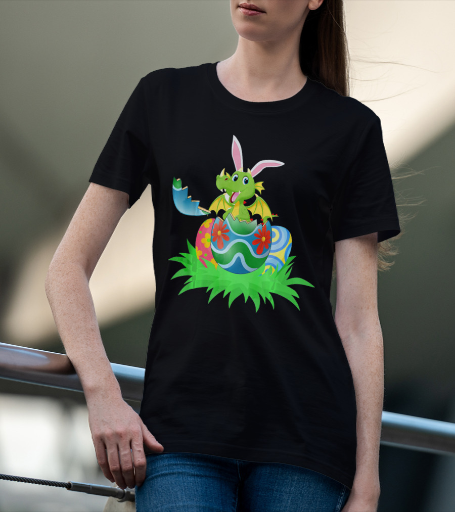 Easter Dragon Egg Hunt With Bunny Ears And Colorful Eggs In Grass T-Shirt