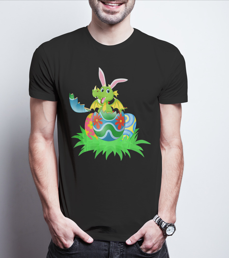 Easter Dragon Egg Hunt With Bunny Ears And Colorful Eggs In Grass T-Shirt