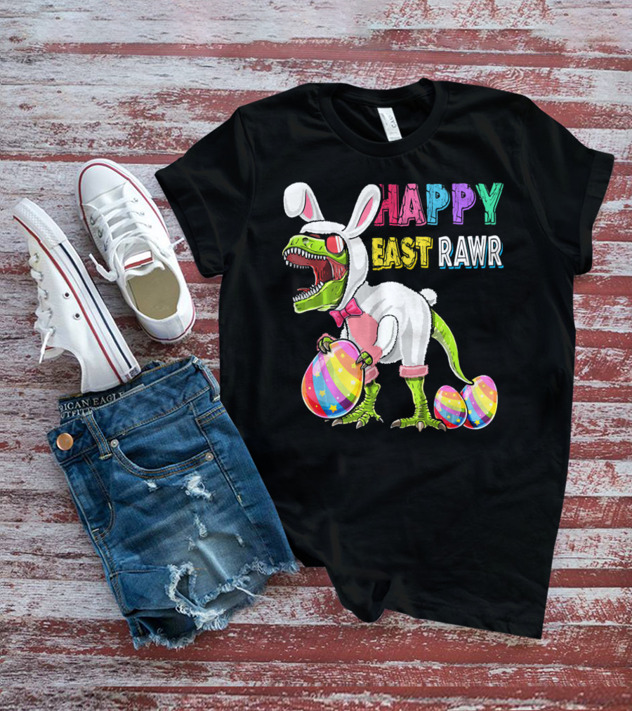 Happy Eastrawr Rex Dinosaur Easter Bunny Costume With Colorful Eggs T-Shirt