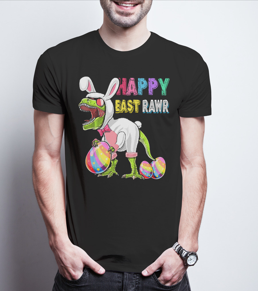 Happy Eastrawr Rex Dinosaur Easter Bunny Costume With Colorful Eggs T-Shirt