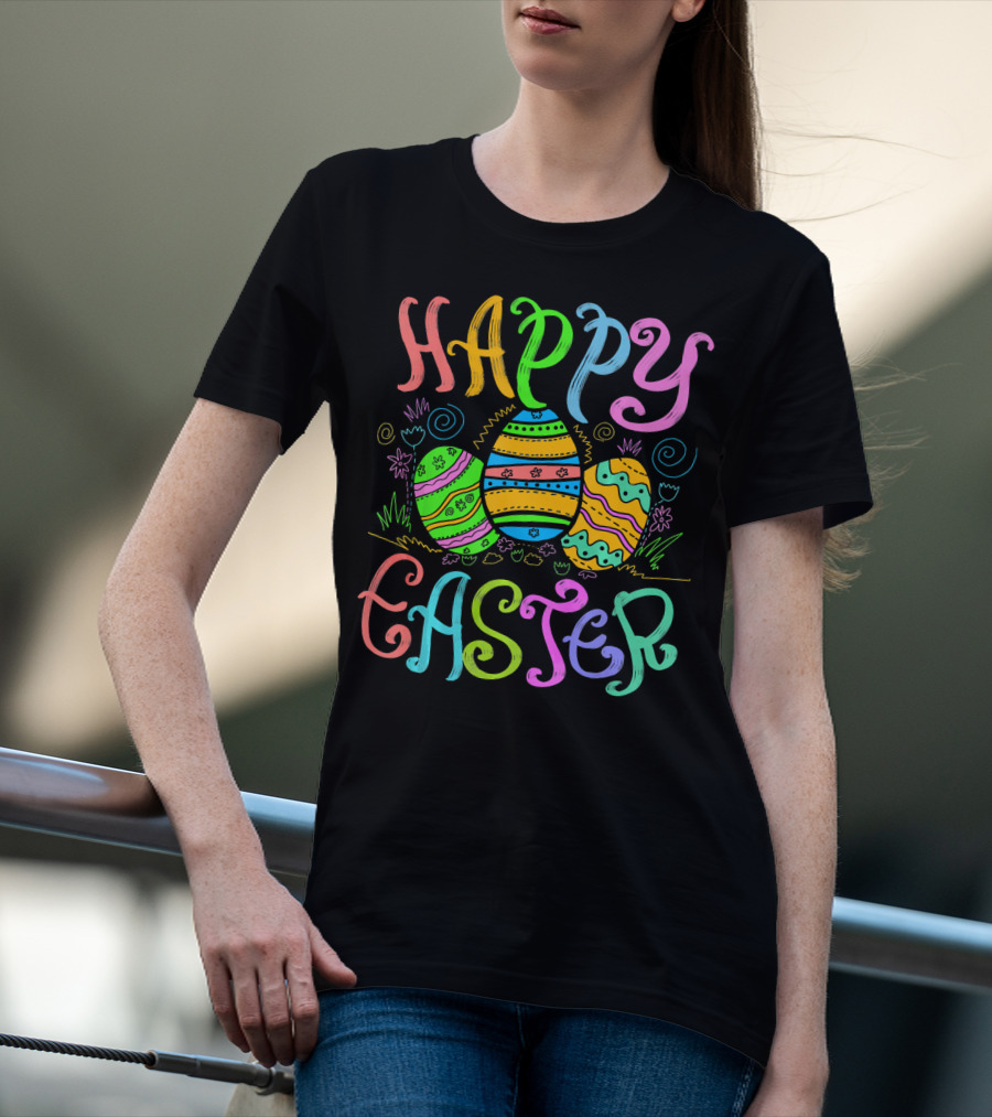 Happy Easter Colorful Eggs Cute Sunday Christian Feas T-Shirt