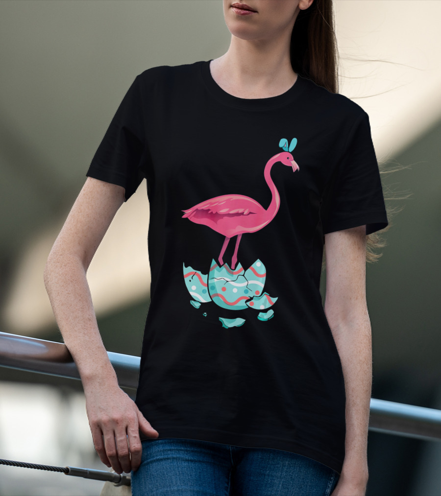 Funny Pink Flamingo On Easter Egg Bun With Bow T-Shirt