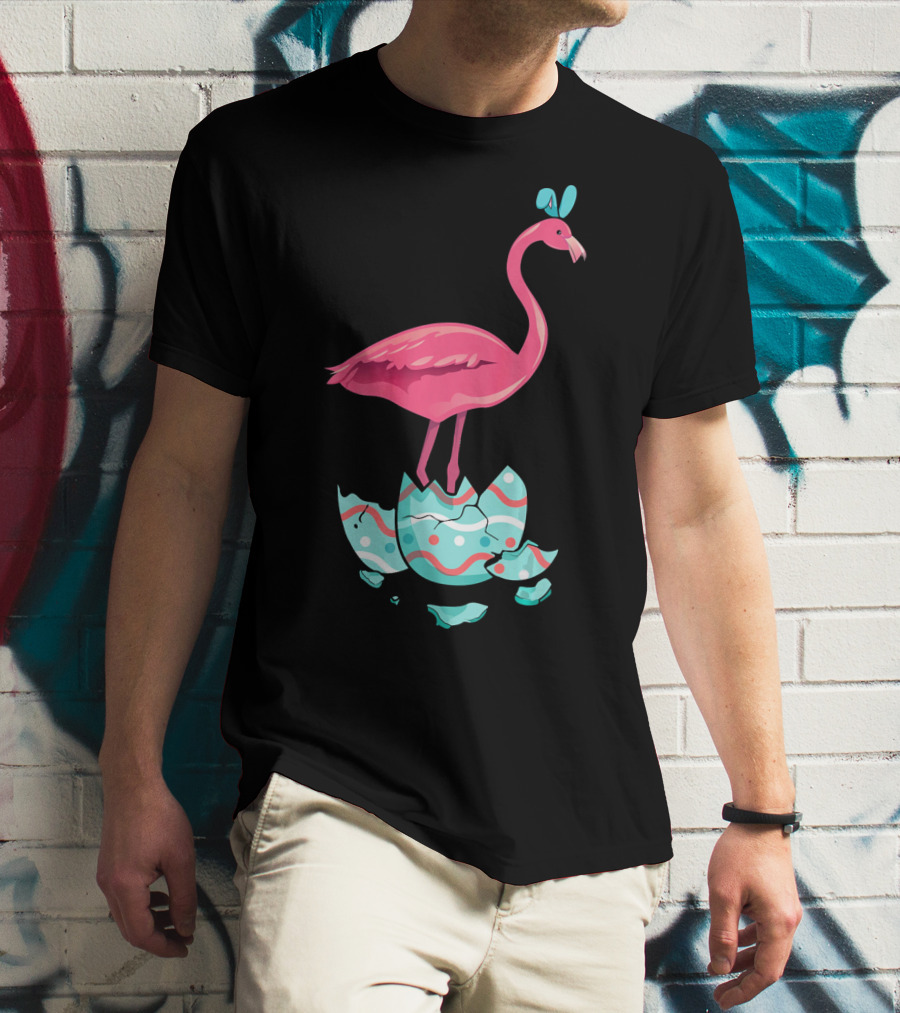 Funny Pink Flamingo On Easter Egg Bun With Bow T-Shirt