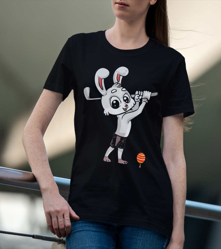 Funny Easter Bunny Playing Golf With Striped Egg T-Shirt