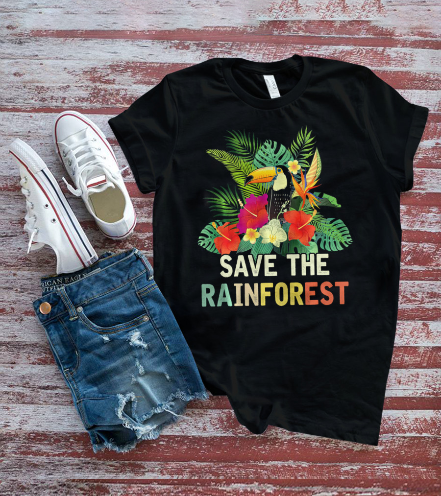 Save The Rainforest Colorful Toucan And Tropical Flowers T-Shirt