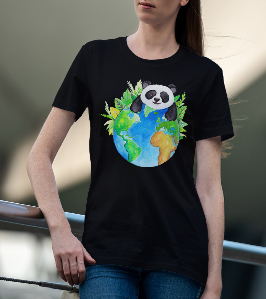 Cute Earth Panda Bear With Green Foliage T-Shirt