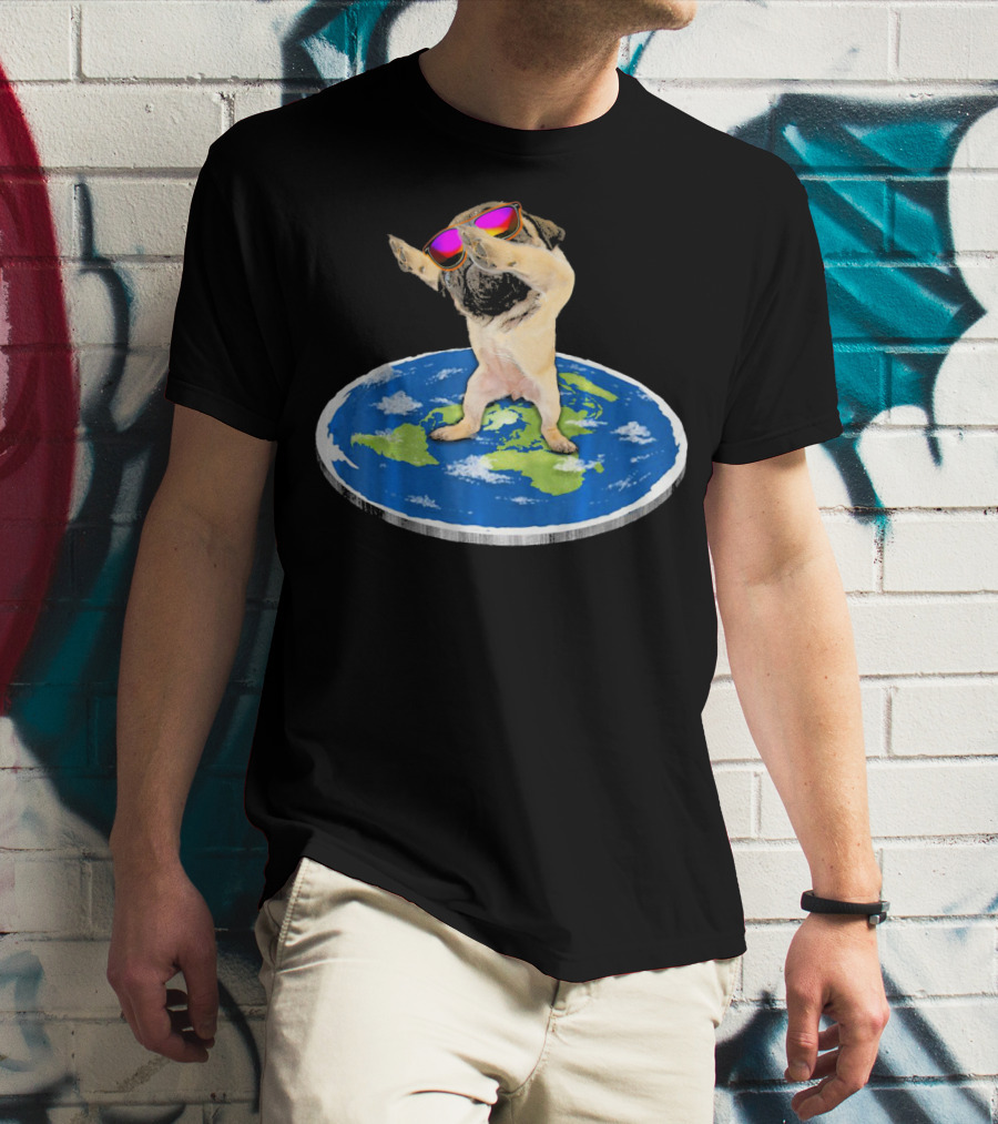 Flat Earth Pug Dabbing With Sunglasses On World Map T-Shirt