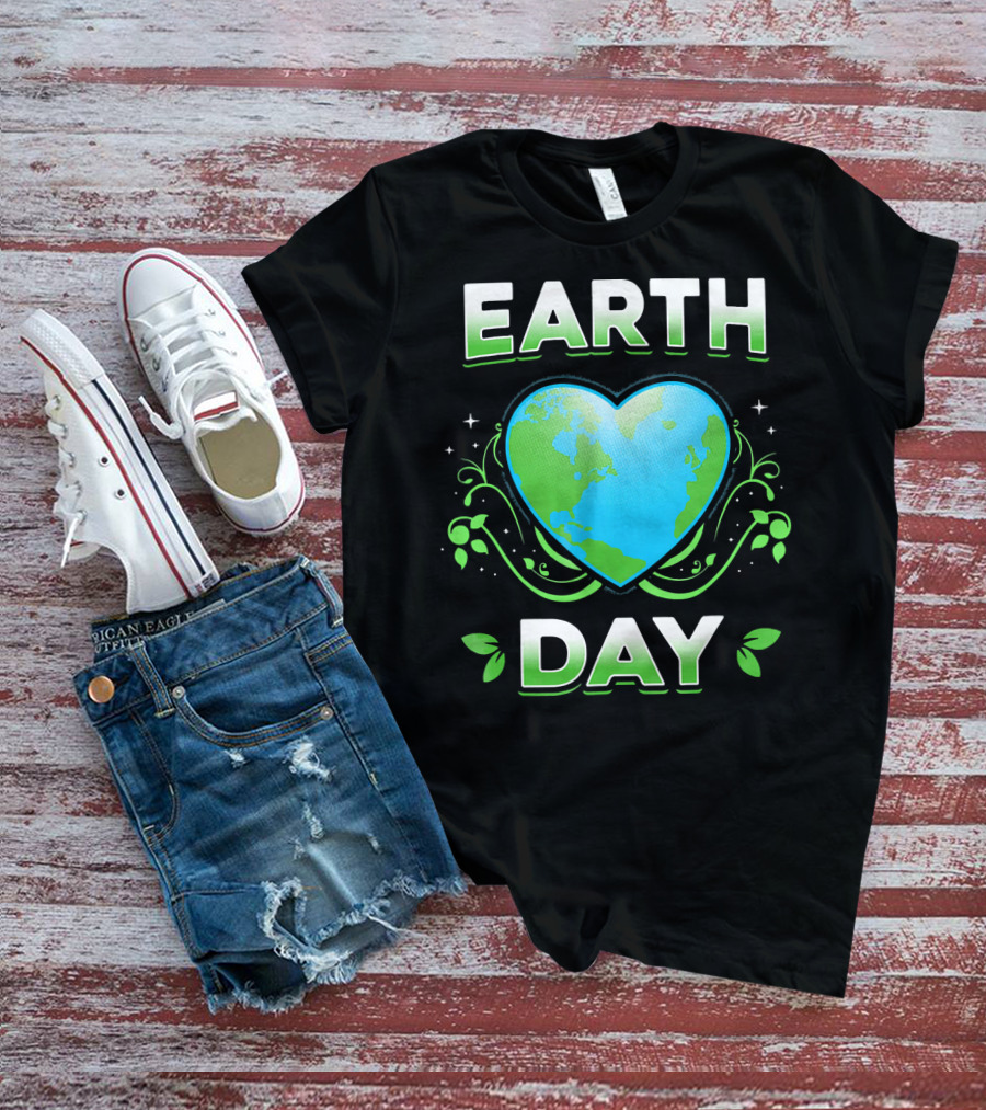 Earth Day Heart With Green Leaves And Swirls T-Shirt