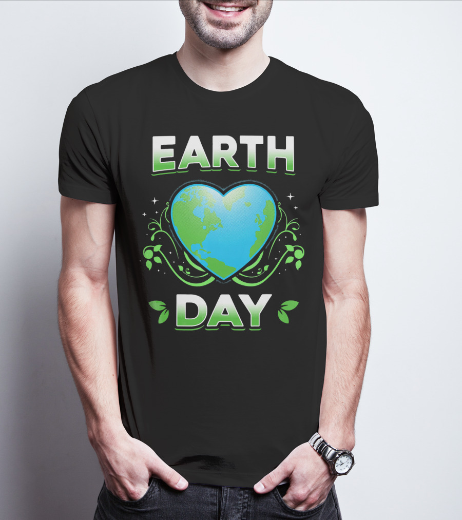 Earth Day Heart With Green Leaves And Swirls T-Shirt