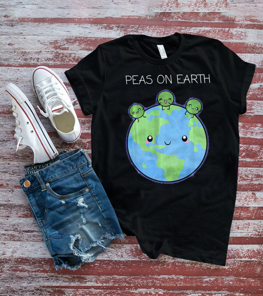 Peas On Earth Cute Cartoon Planet With Happy Faces T-Shirt