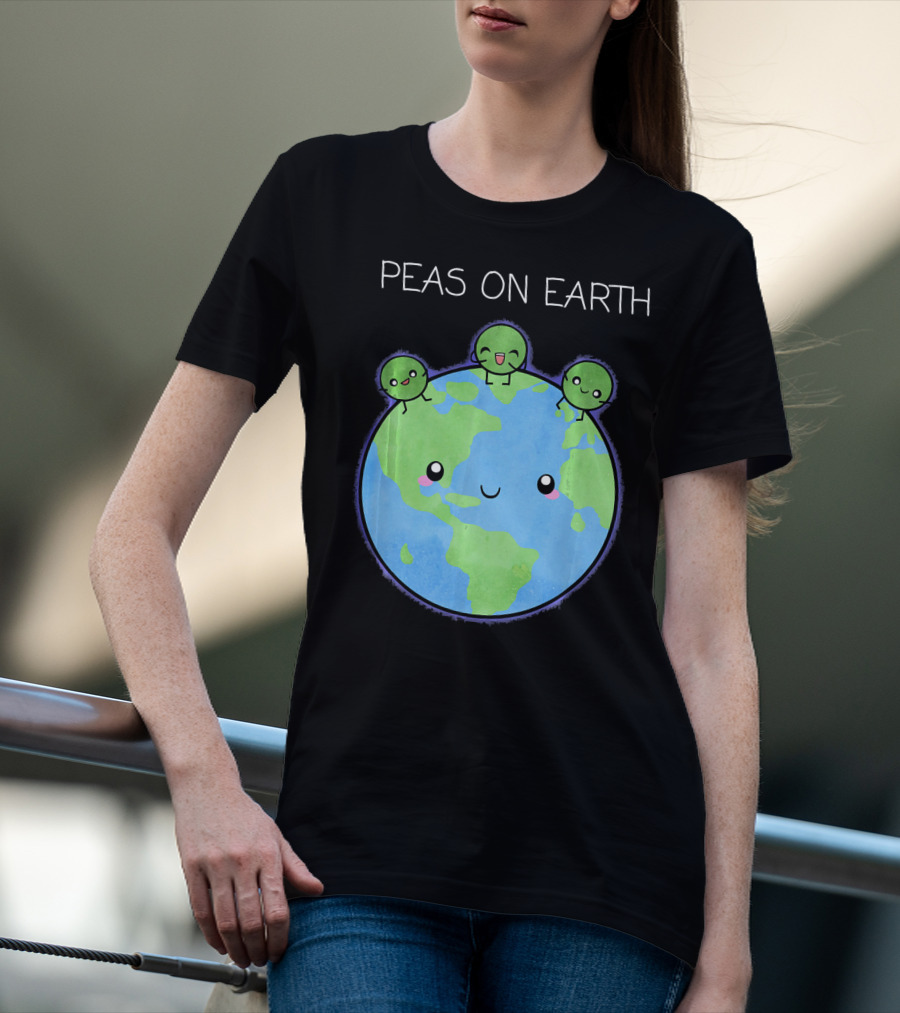 Peas On Earth Cute Cartoon Planet With Happy Faces T-Shirt