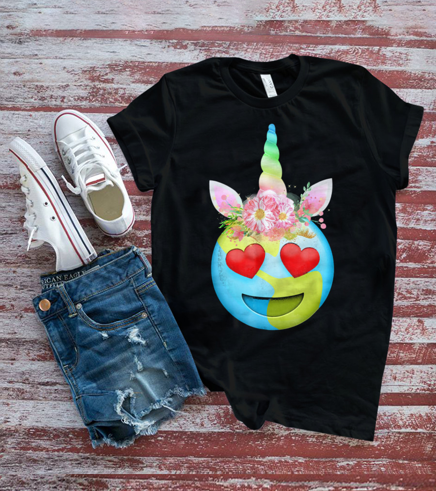 Heart Eyes Unicorn Earth Day Emoji Floral Mane T-Shirt