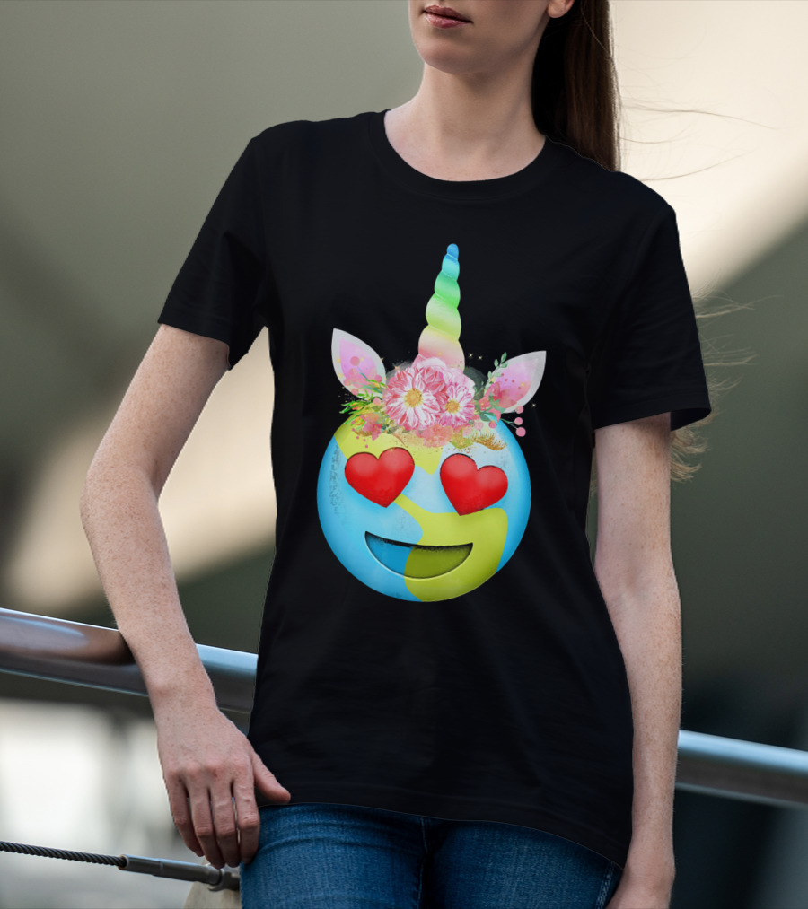 Heart Eyes Unicorn Earth Day Emoji Floral Mane T-Shirt