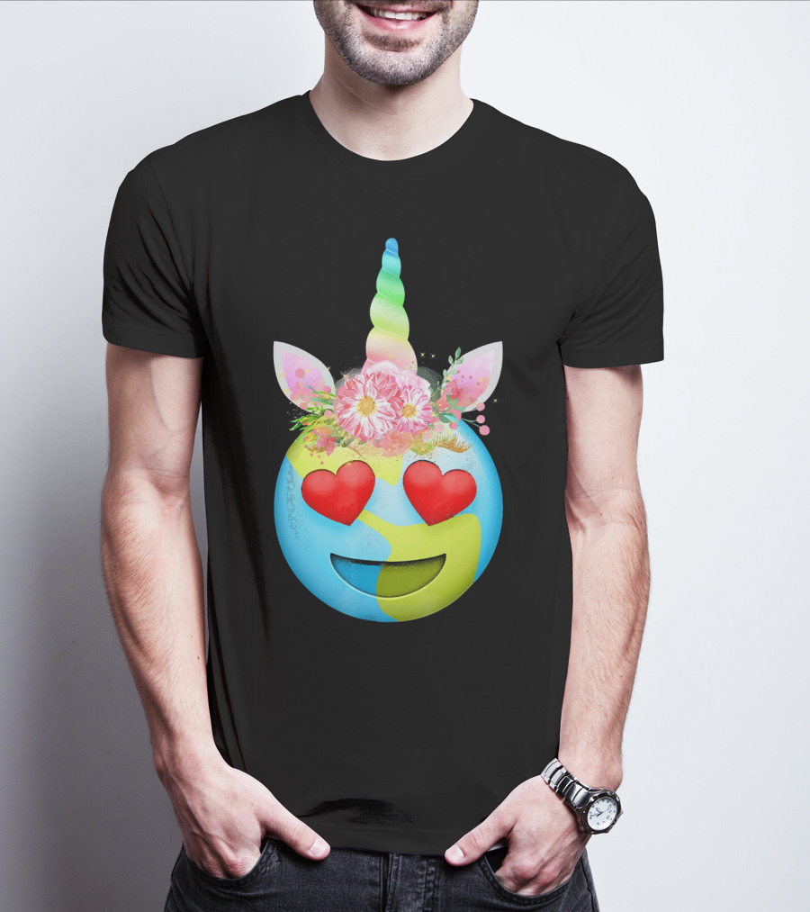 Heart Eyes Unicorn Earth Day Emoji Floral Mane T-Shirt
