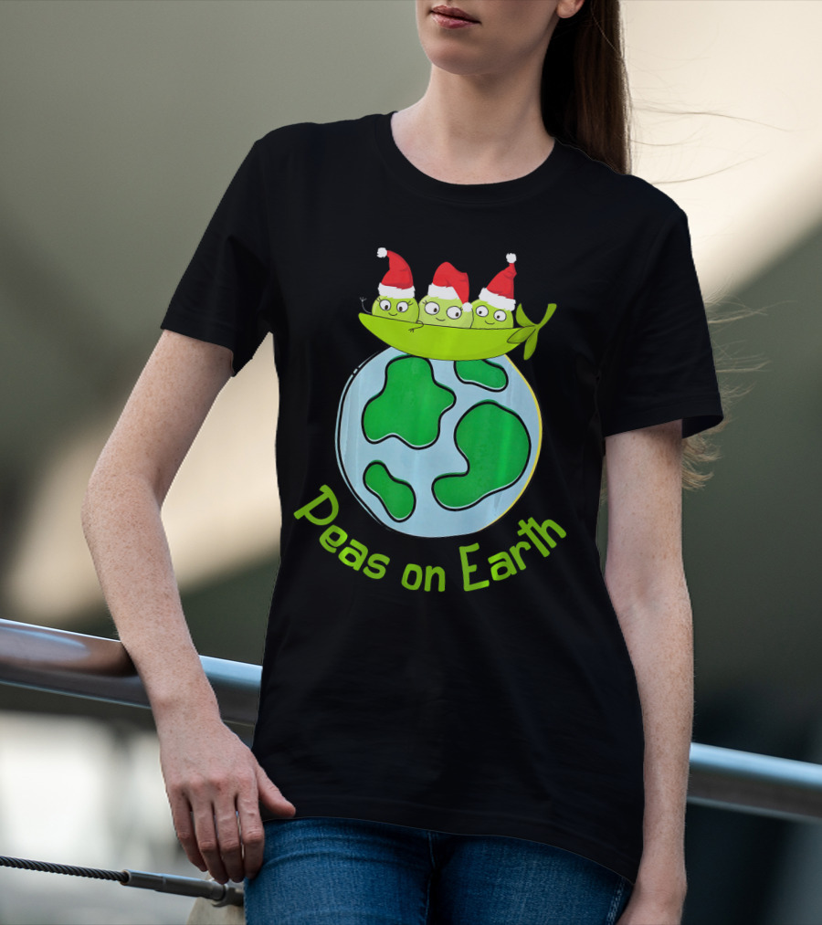Christmas Peas On Earth With Santa Hat Vegetables On Globe T-Shirt