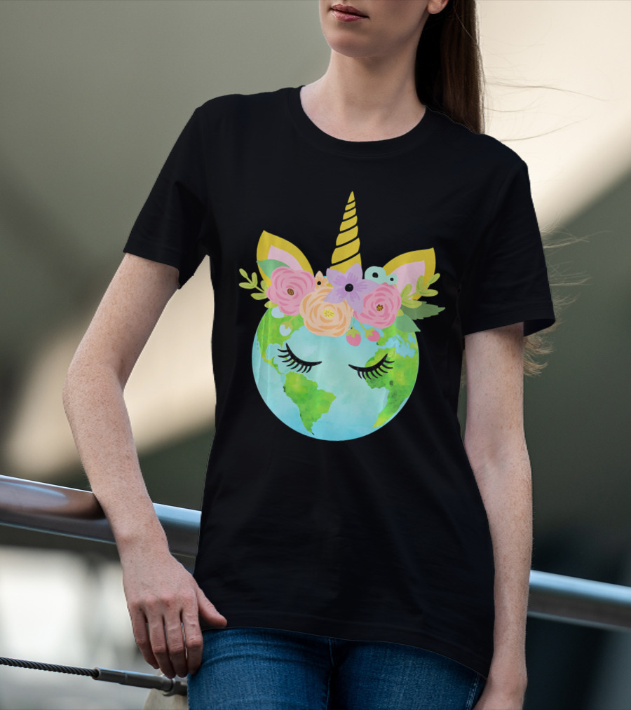 Floral Unicorn Globe For Earth Day T-Shirt
