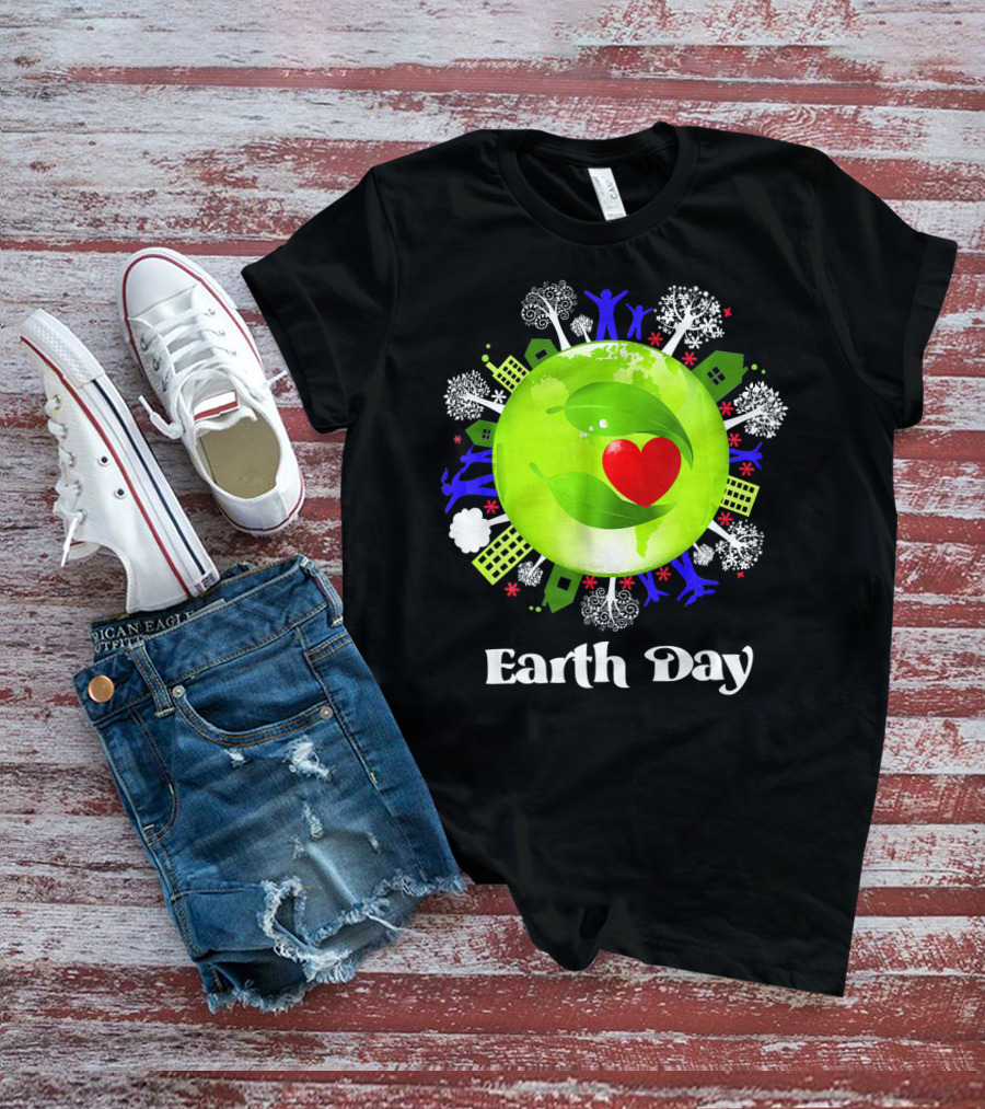 Earth Day Planet Earth Love With Leaf And Heart T-Shirt