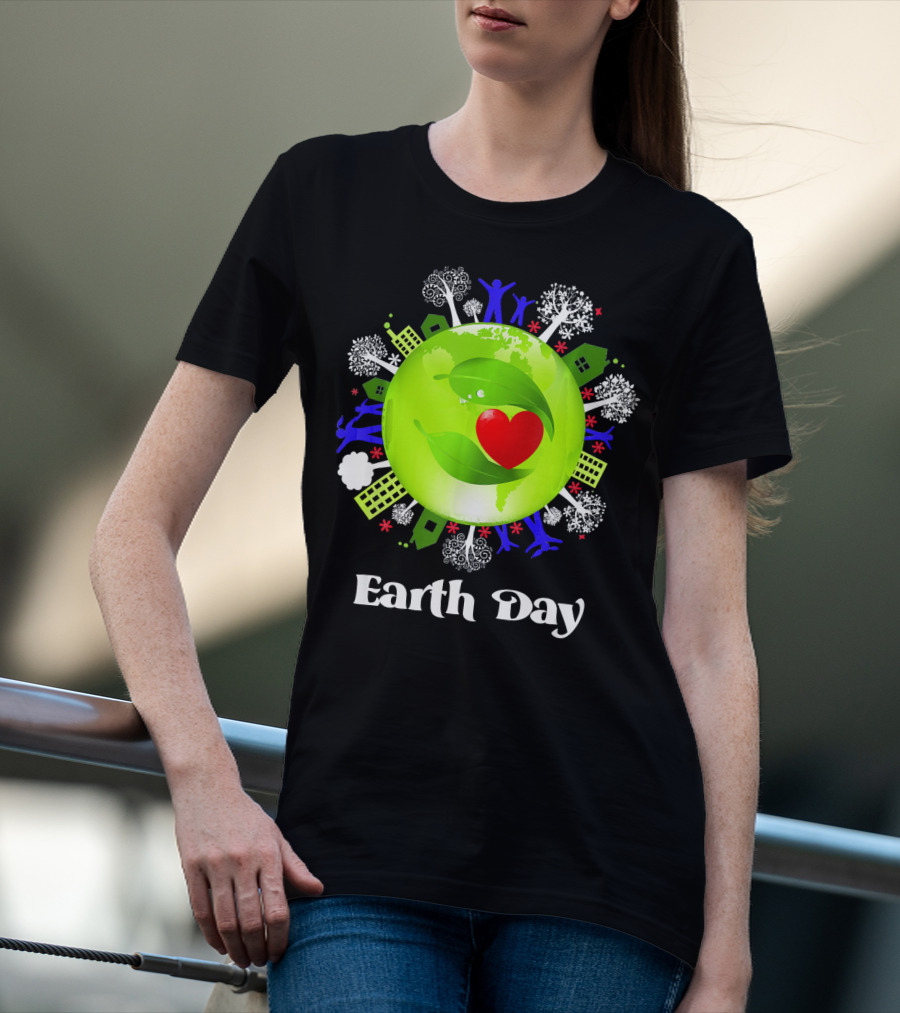 Earth Day Planet Earth Love With Leaf And Heart T-Shirt