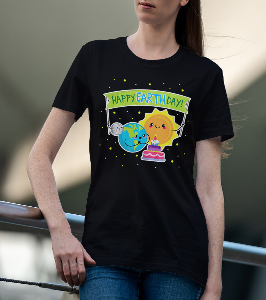 Happy Earth Day Cute Earth Sun Moon Cake T-Shirt