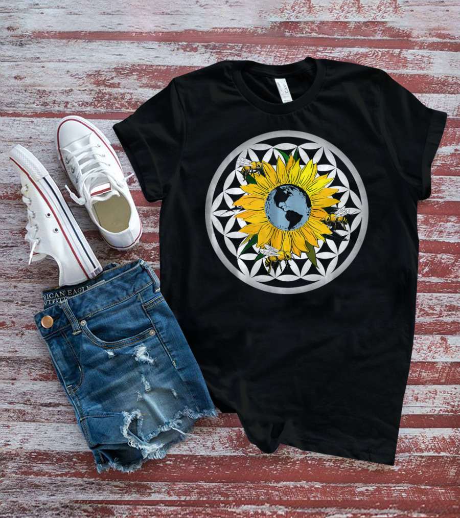 Sunflower Earth With Flower Of Life And Bees T-Shirt