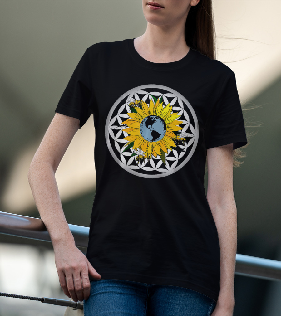 Sunflower Earth With Flower Of Life And Bees T-Shirt