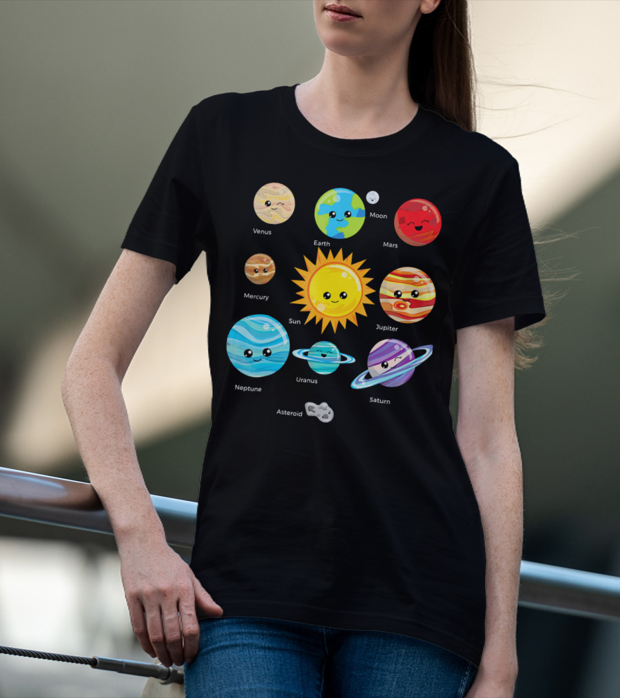 Solar System Planets Earth Moon Sun Venus Mars Mercury Jupiter Neptune Uranus Saturn Asteroid Cartoon T-Shirt