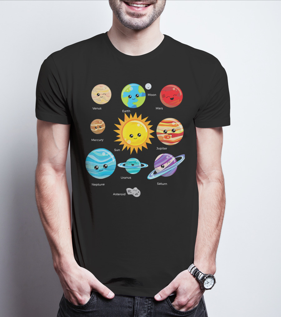 Solar System Planets Earth Moon Sun Venus Mars Mercury Jupiter Neptune Uranus Saturn Asteroid Cartoon T-Shirt