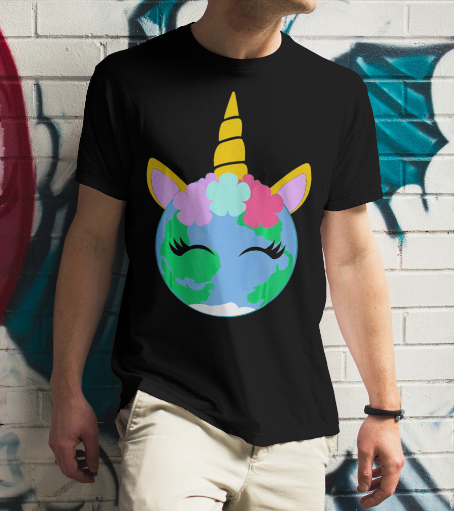 Unicorn Earth Cute Unicorn Face Earth With Flowers And Horn T-Shirt