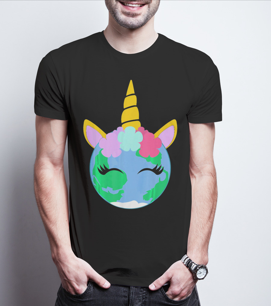 Unicorn Earth Cute Unicorn Face Earth With Flowers And Horn T-Shirt