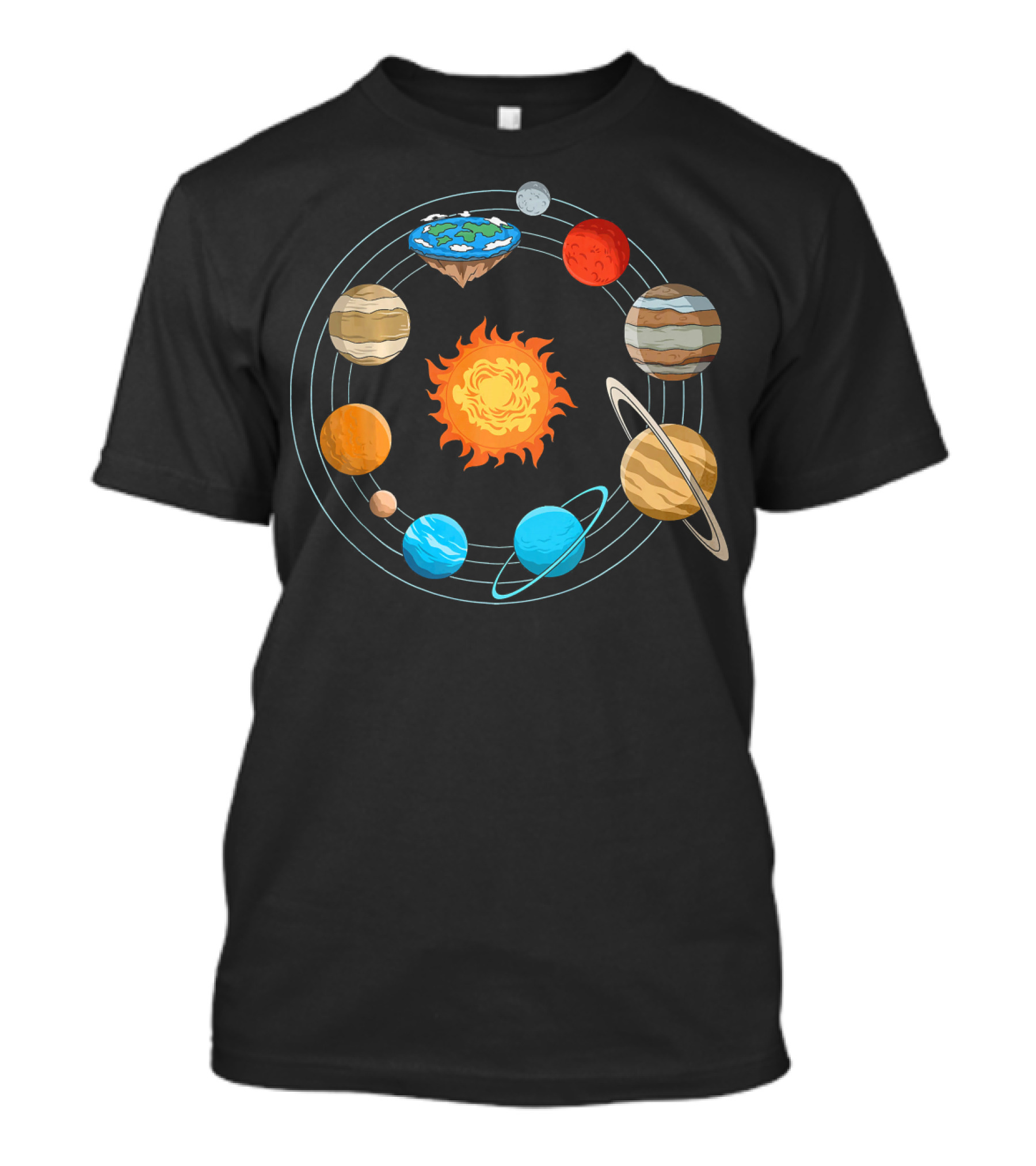 Flat Earth Joke Flat Earthers Solar System With Planets Orbiting Earth As A Disk T-Shirt