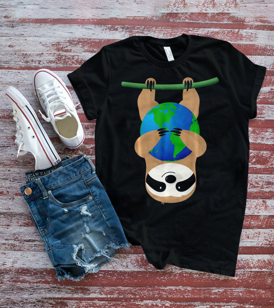 Earth Day Love The Earth Hanging Sloth Hugging Globe T-Shirt
