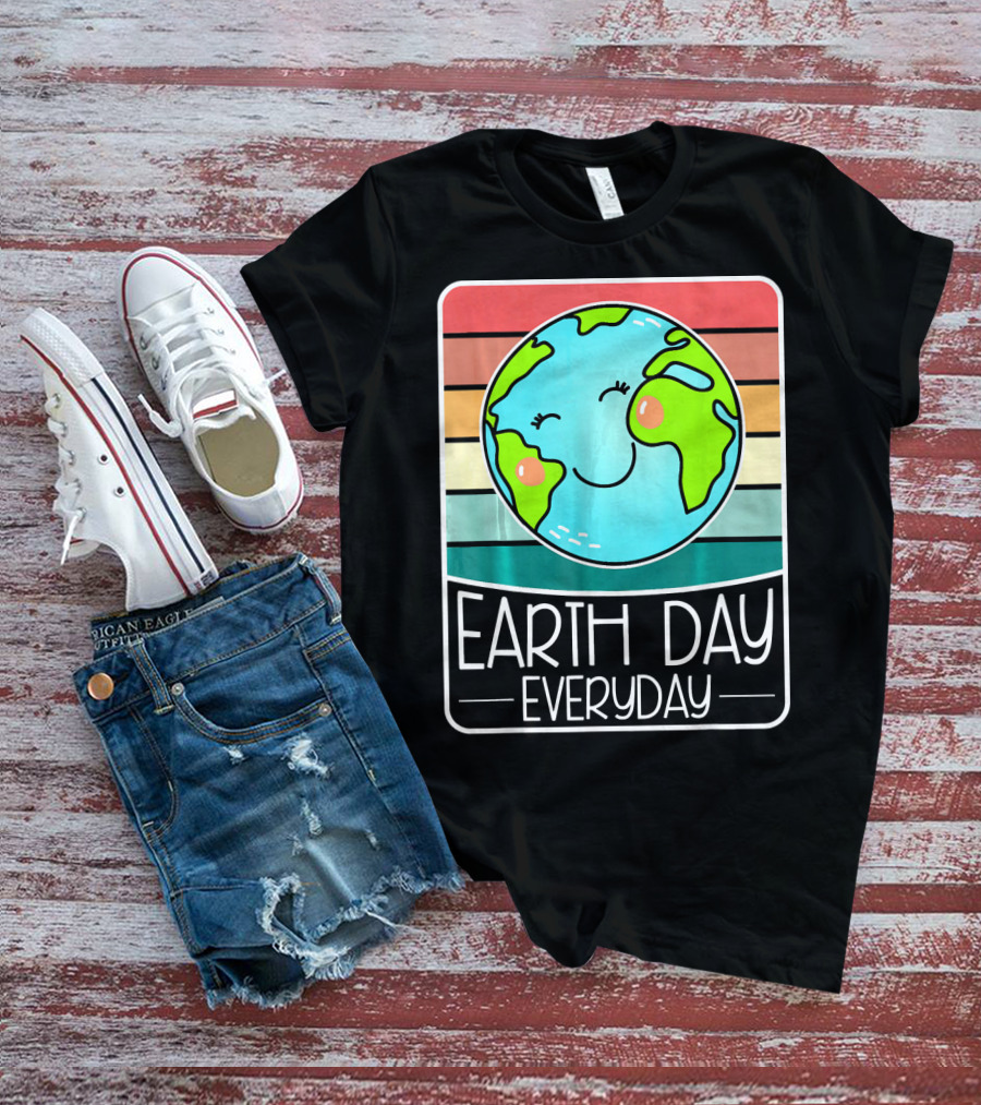 Earth Day Everyday Smiling Earth On Retro Stripes T-Shirt