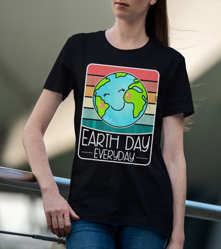 Earth Day Everyday Smiling Earth On Retro Stripes T-Shirt