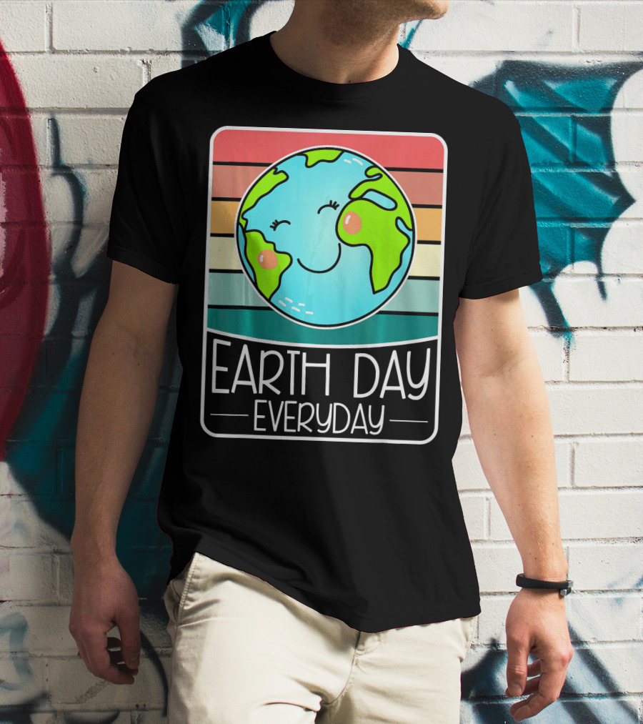 Earth Day Everyday Smiling Earth On Retro Stripes T-Shirt