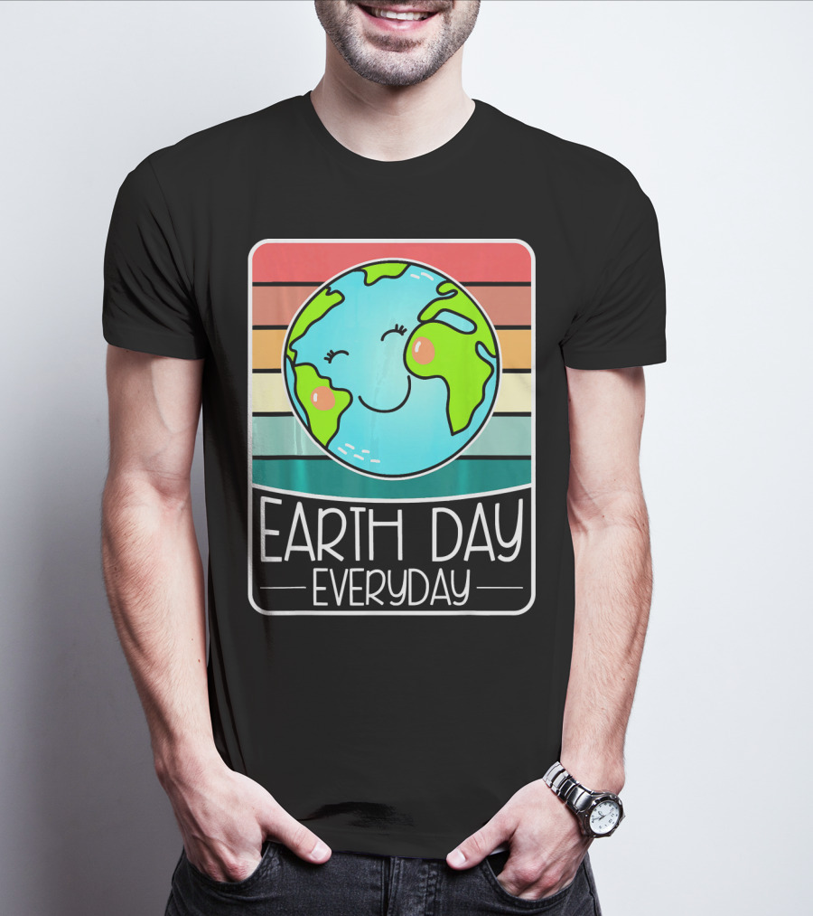 Earth Day Everyday Smiling Earth On Retro Stripes T-Shirt