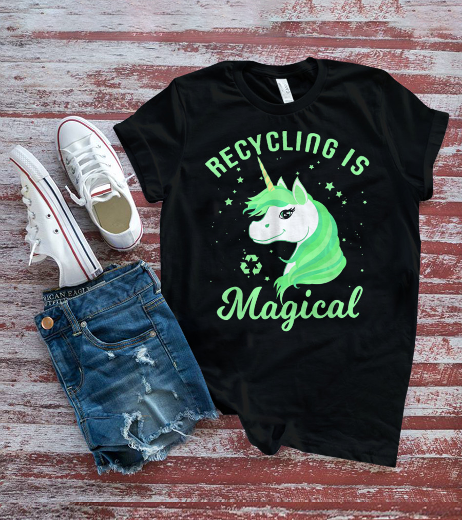 Recycling Is Magical Unicorn Earth Day Green T-Shirt