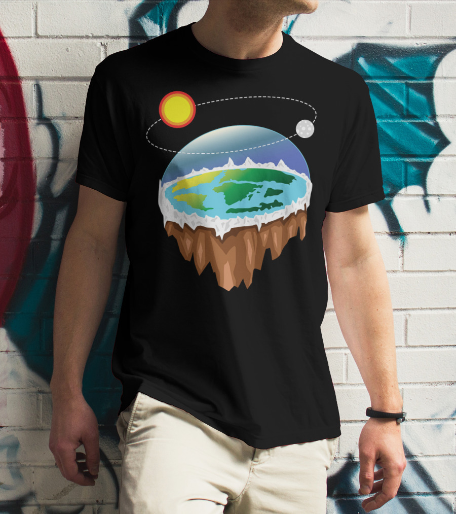 Flat Earth Ice Wall With Floating Sun And Moon Elements T-Shirt
