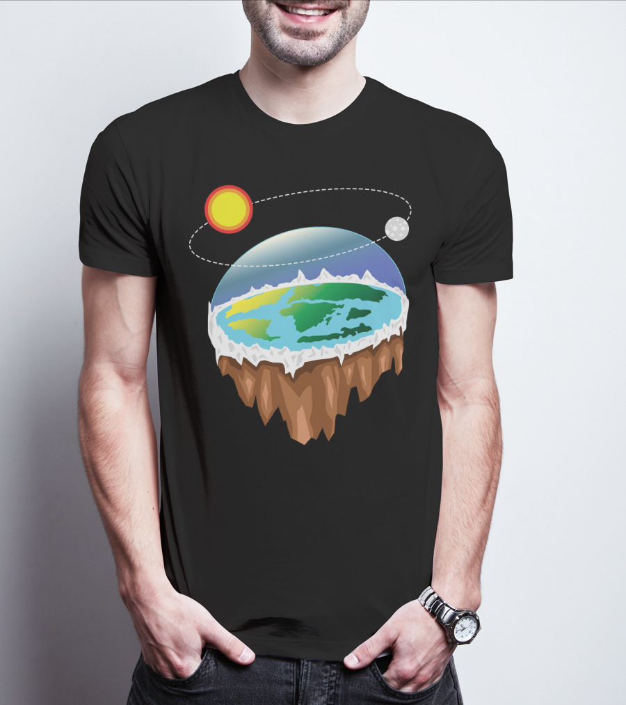 Flat Earth Ice Wall With Floating Sun And Moon Elements T-Shirt