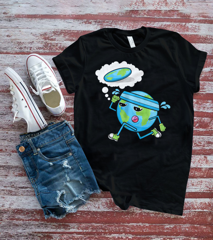 Flat Earth Gym Runner Cartoon With Sweatband And Sneakers T-Shirt